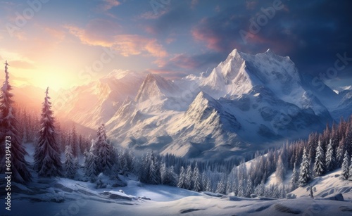 Alpine glow illuminates snow-capped peaks and frosted pine trees during a tranquil winter sunset © InfiniteStudio