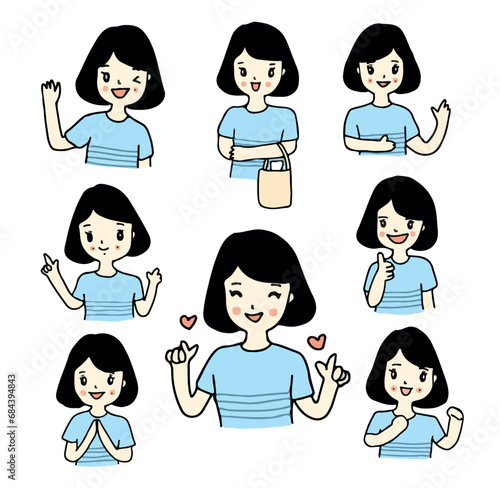 Illustration of asian woman character set, cartoon drawing style