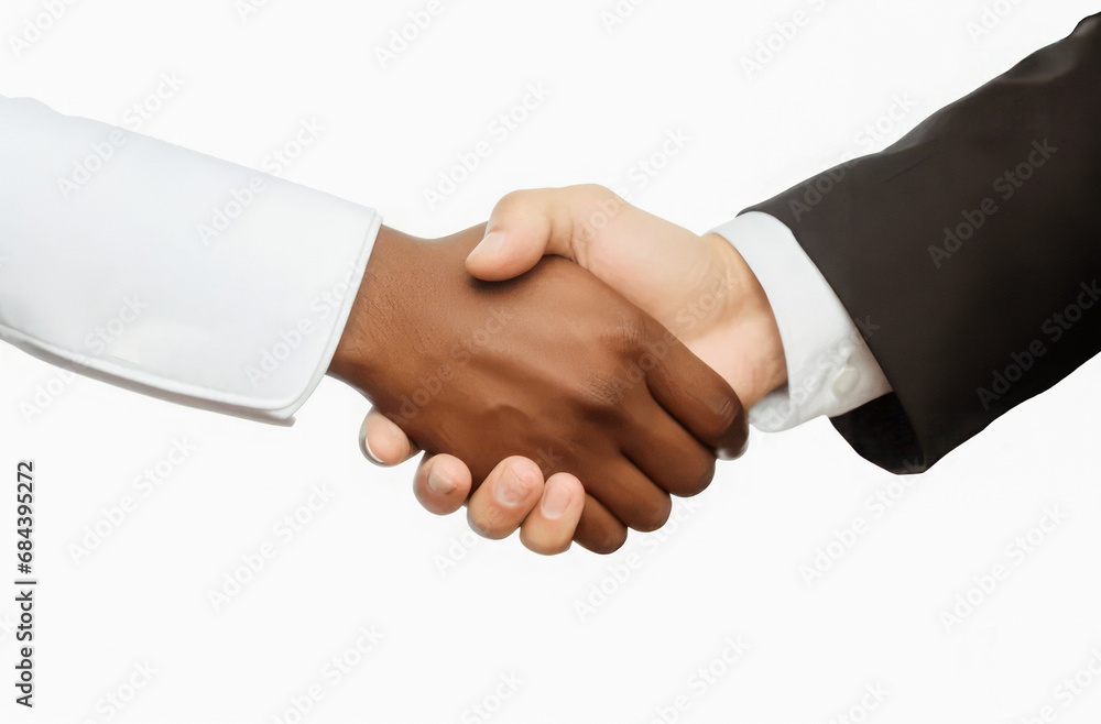 Business handshake between two corporate individuals, sealing a deal in an office against a white background.
Business handshake between two corporate individuals, sealing a deal in an office against a white background.