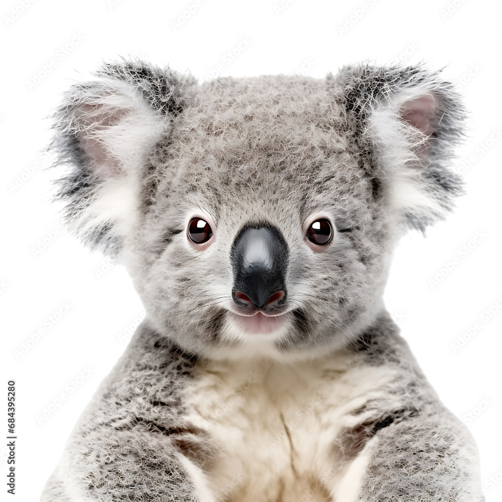 Close-up portrait of a koala bear isolated on transparent background cutout, PNG file. Close-up portrait of a koala bear isolated on transparent background cutout, PNG file.