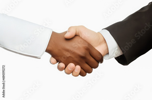  Business handshake between two corporate individuals, sealing a deal in an office against a white background.