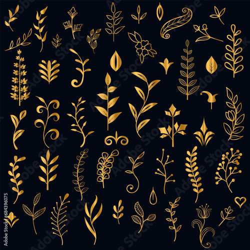 Golden vintage floral elements art deco style decoration. Vector graphic elements for design vector elements. Swirl elements decorative illustration. 