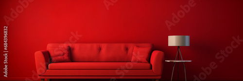 Red sofa or couch and a side table on solid red background banner, brigt color and energetic interior photo