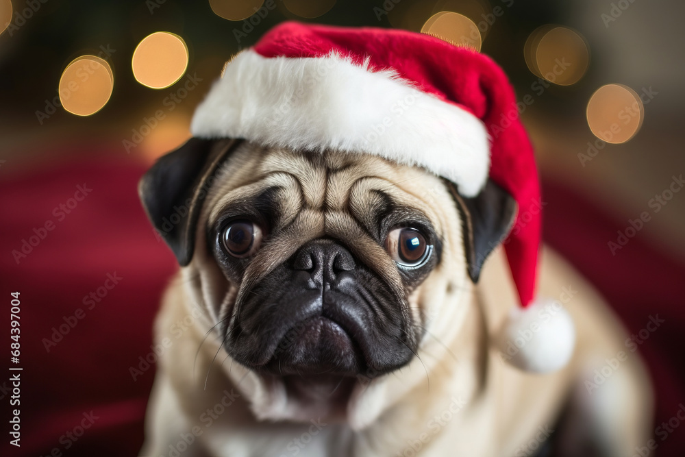 Pug in a Santa Claus hat, puppy or dog celebrating Christmas