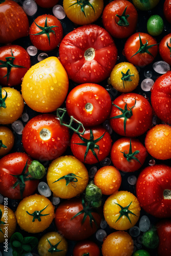 Ripe tomatoes of different variety, red and yellow, cherry and large, overhead shot