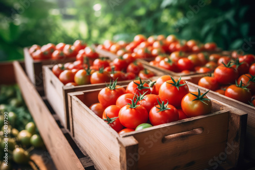 Fresh ripe tomatoes in a wooden crate in the garden, fresh harvest concept