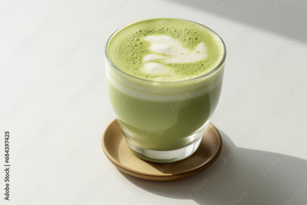 Matcha latte in a glass with latte art on a sunny day on white table Matcha latte in a glass with latte art on a sunny day on white table