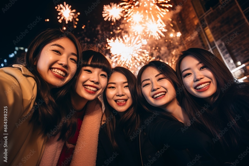 group of Asian friends taking a selfie on new year’s eve celebration, with fireworks at the background, young adults smiling cheerfully having a good time nightlife