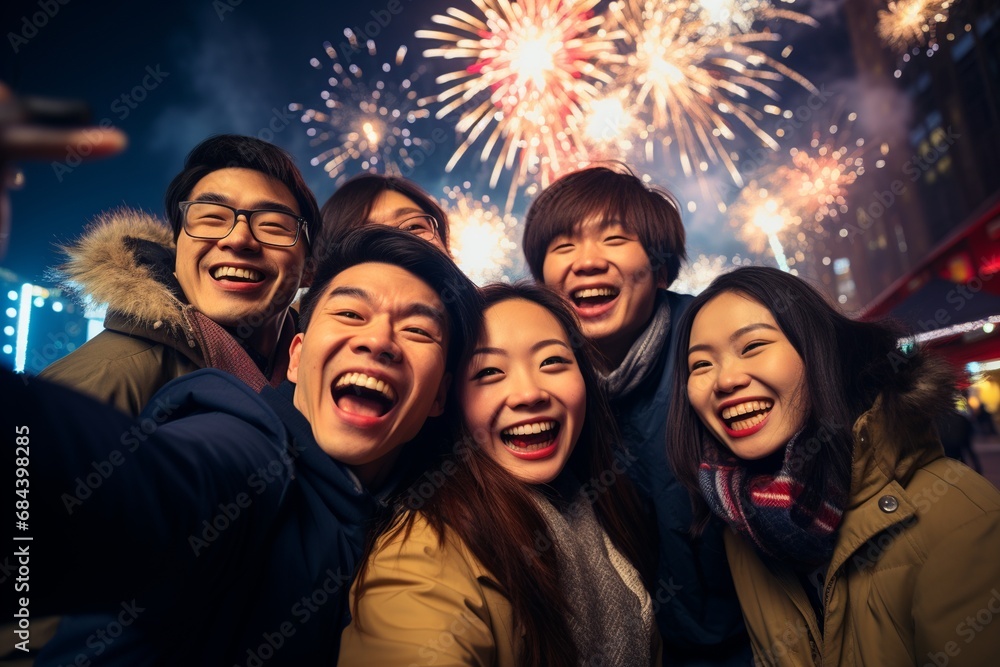 group of Asian friends taking a selfie on new year’s eve celebration, with fireworks at the background, young adults smiling cheerfully having a good time nightlife - obrazy, fototapety, plakaty 