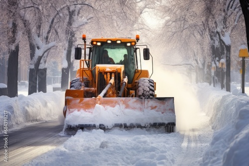 A snowplow clears the street of snow in an urban winter setting during a snowfall photo