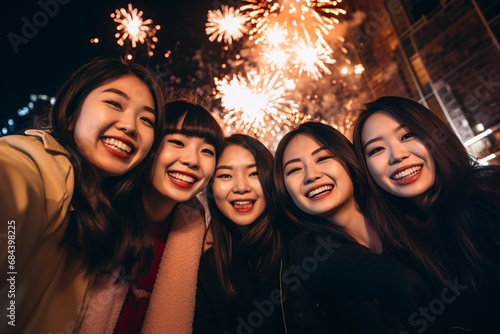 group of Asian friends taking a selfie on new year   s eve celebration  with fireworks at the background  young adults smiling cheerfully having a good time nightlife