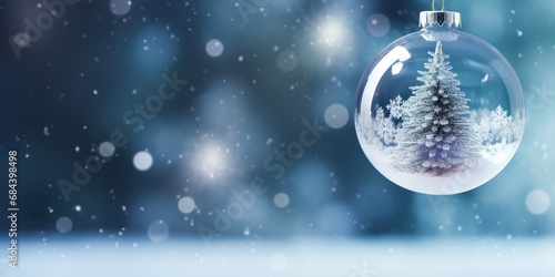 christmas sphere made of glass with a tiny christmas tree inside, light blue background, out of focus snow particles and bokeh lights