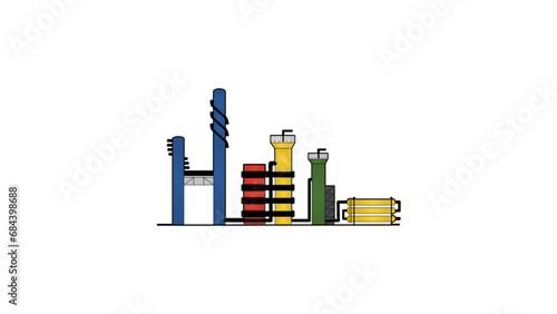 Gas processing plant color drawing showing separation columns, pressure vessels, heat exchangers, and catwalks