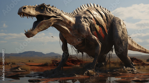 Mutant zombie dinosaur roaring in danger of extinction in a desert environment. Prehistoric dino reptile in a 3d recreation.