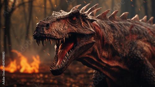 Close-up of the head of a dangerous horned and spiked dinosaur roaring with sharp teeth in a forest engulfed in flames. Extinction of the mighty saurians and dragons © Domingo