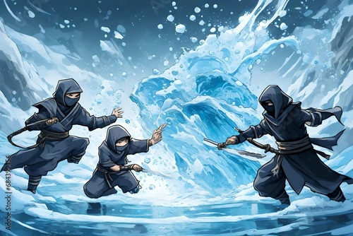 ninjas fighting with 2 elemental powers(water and ice photo