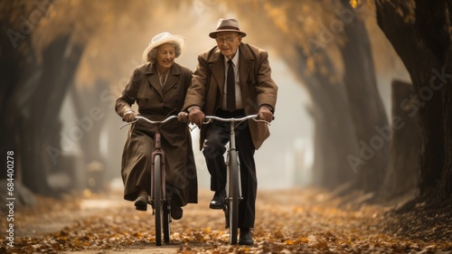 old couple riding a bike, elderly man and woman, living together in a park enjoying their lives photo