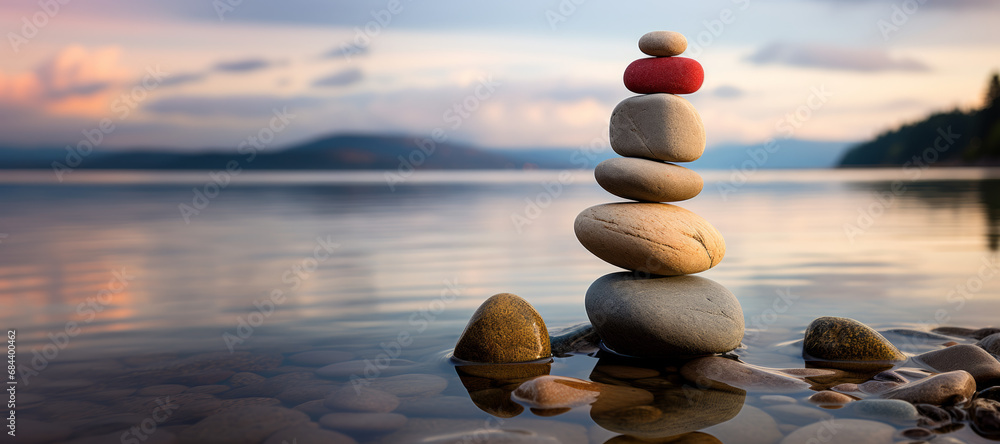 Obraz premium Stacked Zen Stones at Sunset on Serene Beach