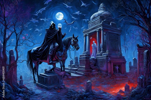 ll glassblowing superrealism urban style one vampire reaper on a horse still, an ancient temple grave long cape stars death many cadavers and skeletons on the floor blood constellations underlighting  photo