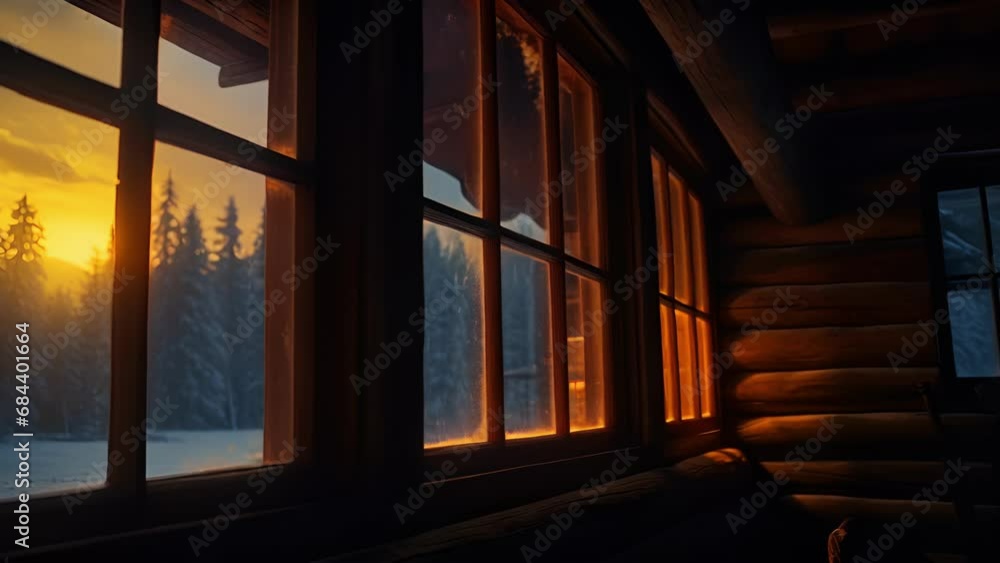 The yellow glow from windows in a mountainous log cabin shines softly through a wintery haze. The yellow glow from windows in a mountainous log cabin shines softly through a wintery haze.