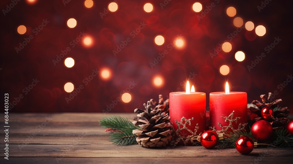 Christmas background - First Advent Sunday - Red Advent candle with natural Xmas decoration, branches and pine cones on rustic wood with magic lights , copy space, generative ai