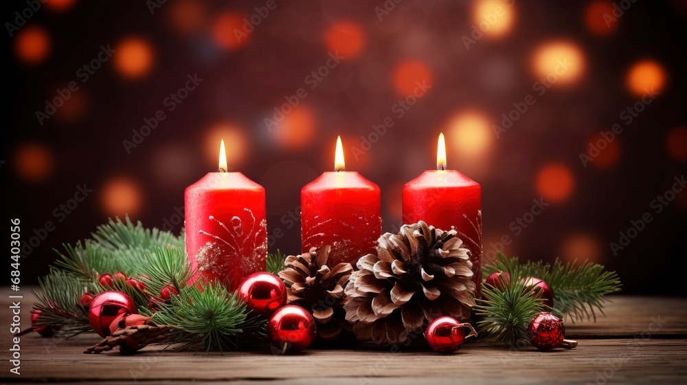 Christmas background - First Advent Sunday - Red Advent candle with natural Xmas decoration, branches and pine cones on rustic wood with magic lights , copy space, generative ai Christmas background - First Advent Sunday - Red Advent candle with natural Xmas decoration, branches and pine cones on rustic wood with magic lights , copy space, generative ai