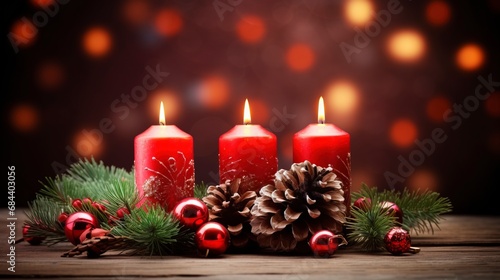 Christmas background - First Advent Sunday - Red Advent candle with natural Xmas decoration  branches and pine cones on rustic wood with magic lights   copy space  generative ai