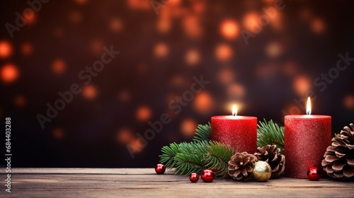 Christmas background - First Advent Sunday - Red Advent candle with natural Xmas decoration, branches and pine cones on rustic wood with magic lights , copy space, generative ai © Nia™