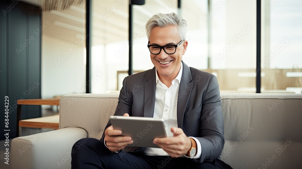 Smiling business professional using digital tablet in office Smiling business professional using digital tablet in office