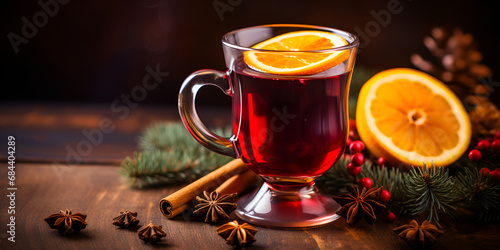 A glass of mulled wine over cozy winter background with fir branch and hard shades Warming drinks concept Glass of hot red wine cocktail with spices orange slice cinnamon and anise stars. AI Generativ