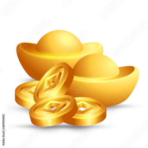 Chinese golden ingots and coins vector illustration with transparent background