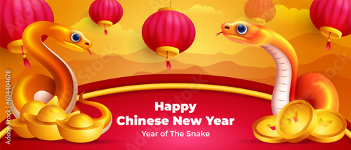 Chinese Lunar new year 2025 banner desing with two golden snake character, gold ingot and coins