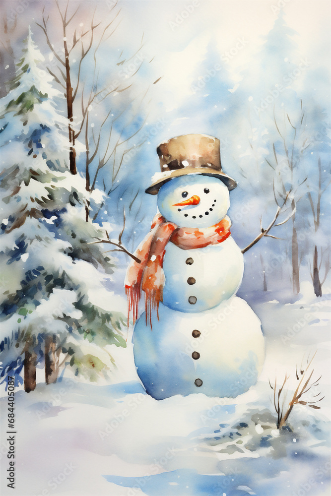Obraz premium Watercolor Painting, Christmas Snowman, Generative AI