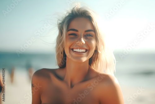 ビーチの前でほほ笑む美しい女性