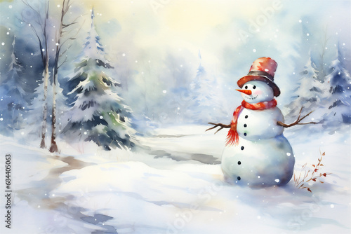 Watercolor Painting, Christmas Snowman, Generative AI © HRTNT Media