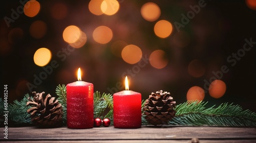 Christmas background - First Advent Sunday - Red Advent candle with natural Xmas decoration  branches and pine cones on rustic wood with magic lights   copy space  generative ai