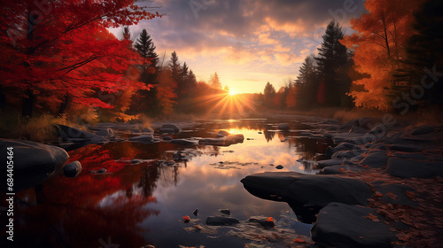 Wonderful autumn leaves landscape with lake and sunset view, beautiful autumn