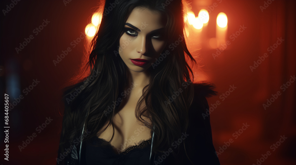 This image features a woman with a seductive gaze, styled in a vampiric costume with lace details, set against a moody, dark backdrop with a soft, glowing light highlighting her features. This image features a woman with a seductive gaze, styled in a vampiric costume with lace details, set against a moody, dark backdrop with a soft, glowing light highlighting her features.