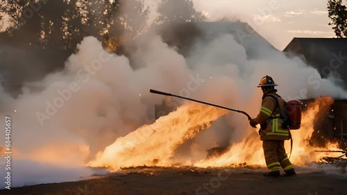 Closeup firefighter dousing last remaining flames with water, officially bringing burn end. steam rising from embers creates eerie captivating visual, signaling conclusion disposal photo