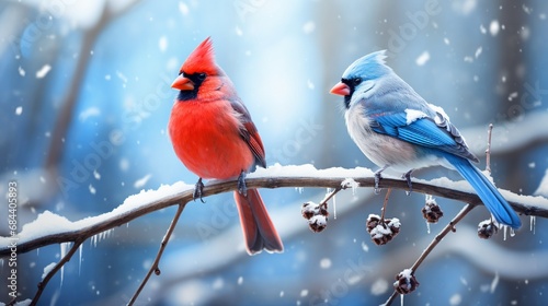 cardinal sitting on a branch in winter season generated by AI tool  photo