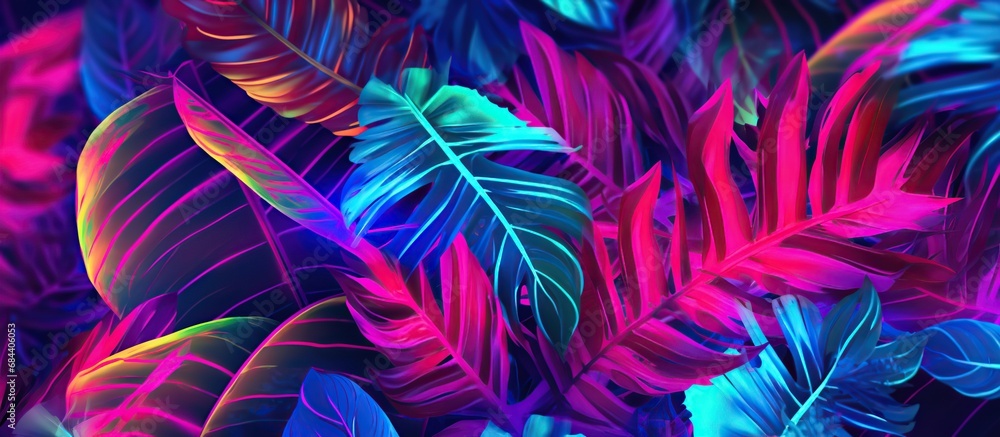 Tropical leaves background. Colorful bright foliage of monstera and palm trees in neon colors. Summer design - obrazy, fototapety, plakaty 