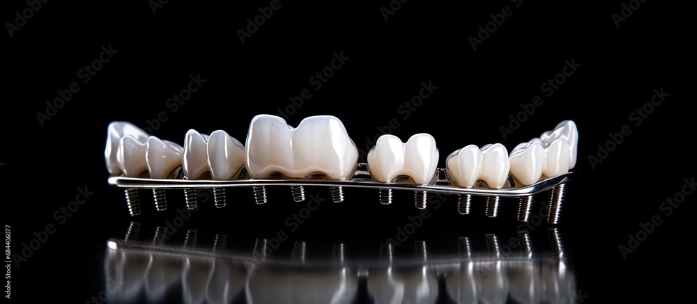 3d render of dental crowns on black background with reflection 3d render of dental crowns on black background with reflection
