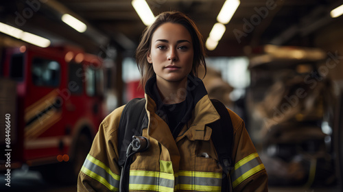 The image portrays a focused female firefighter in full gear, with a fire engine in the background, conveying readiness and professionalism.