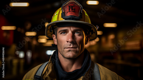 The image features a close-up of a male firefighter in full gear, including a helmet with badge, displaying a look of determination with fire trucks in the softly focused background.