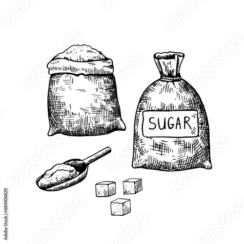 Sacks with flour or sugar, cubes of sugar lump and scoop. Hand drawn black and white illustration in engraving style. Vector design elements isolated on white background