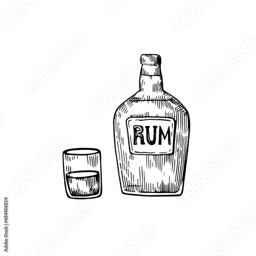 Rum bottle with glass. Hand drawn vector illustration in retro woodcut style.