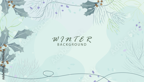 Watercolor winter background design, Flower and botanical leaves watercolor hand drawing. Abstract art wallpaper design for wall arts, wedding and greetings card.