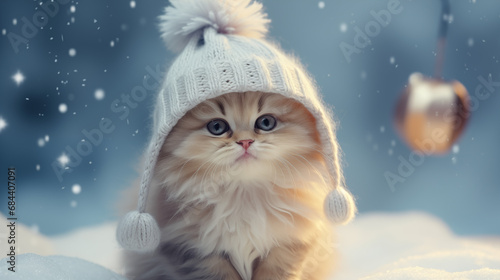 Kitten in a winter hat on a blue background with snowflakes. Winter greeting card concept