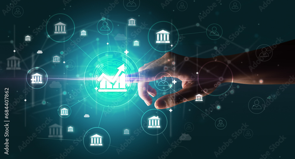 Businessman hand pressing stock graphic information on multitouch screen Businessman hand pressing stock graphic information on multitouch screen
