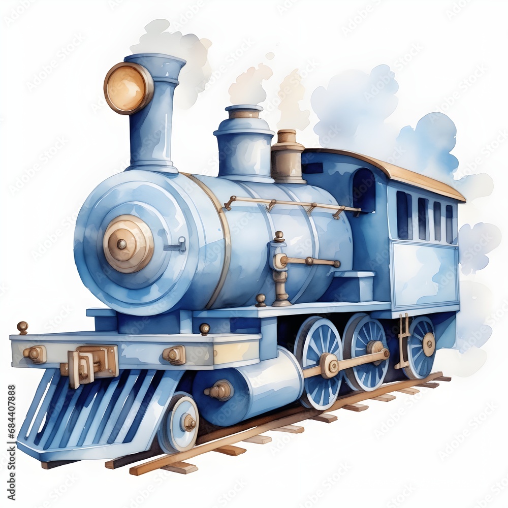 adorable train, watercolor, clipart, HD, on white background, spaced out